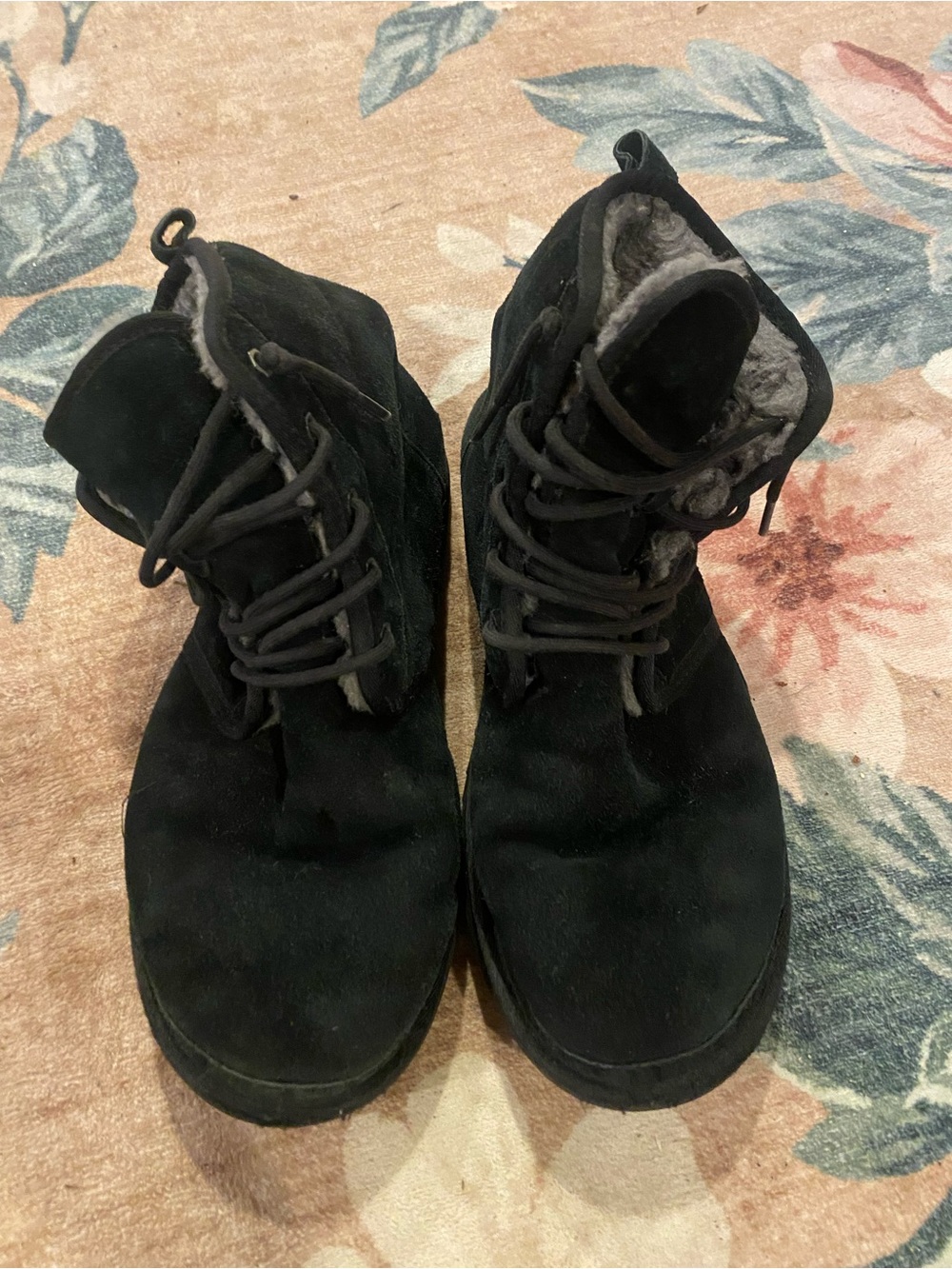 UGG Women's Black Suede Lace-Up Winter Boots with Shearling Trim